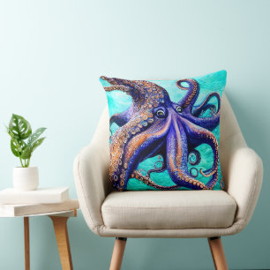 Mysterious Octopus Blue Ocean Wave Abstract Art Throw Pillow