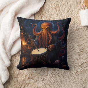 Mysterious Octopus Drummer Under Starry Night Throw Pillow