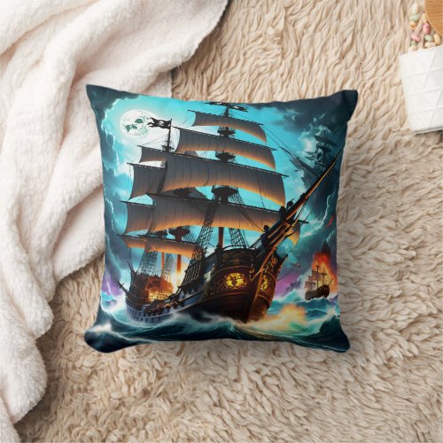 Mysterious Pirate Ship Sailing Through Stormy Seas Throw Pillow