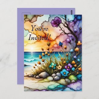 Mysterious Portal Floral Ocean Beach Invitation