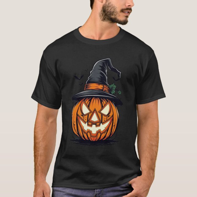 Mysterious Pumpkin in Witchy Attire T-Shirt (Front)