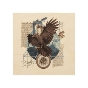 Mysterious Raven Collage – Vintage and Futuristic Wood Wall Art
