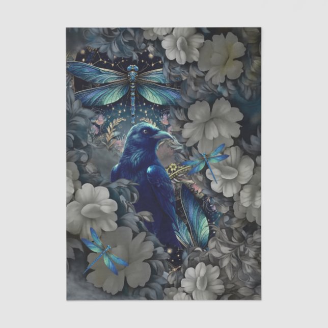 Mysterious Raven, White Florals & Dragonflies Tissue Paper (Front)