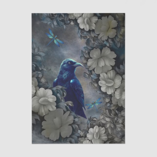 Mysterious Raven, White Florals & Dragonflies Tissue Paper (Front)