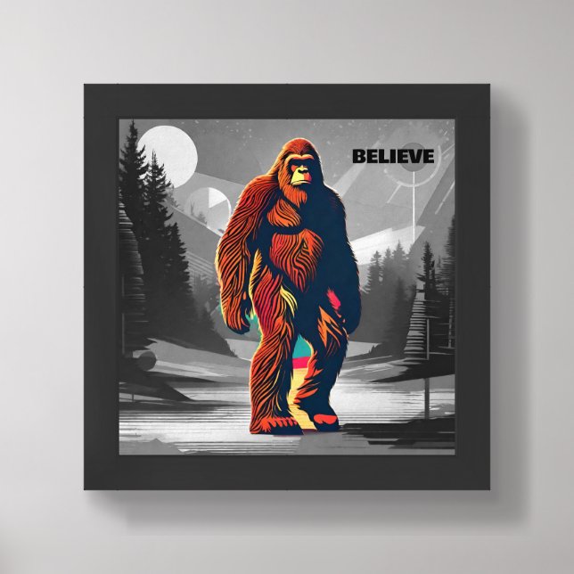 Mysterious Sasquatch in Forest Saying Believe Framed Art (Framed Front)