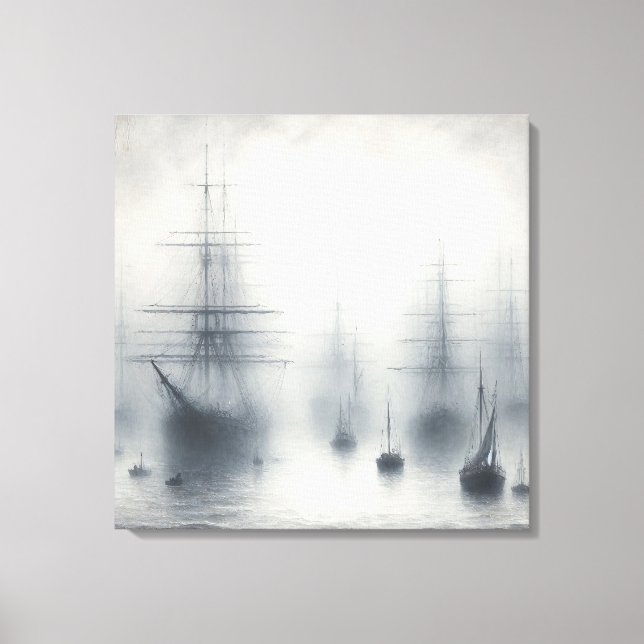 Mysterious Ships in a Foggy Harbor Canvas Print (Front)