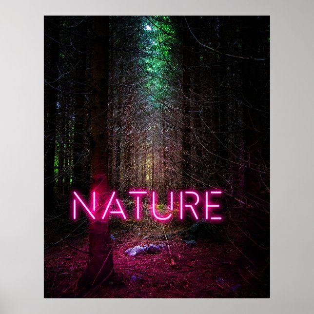 Mysterious spruce forest nature neon magenta poster (Front)