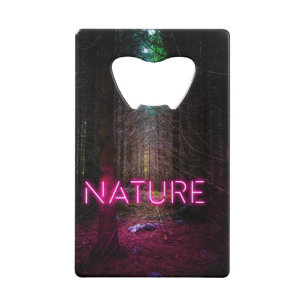 Mysterious spruce forest nature neon magenta sign credit card bottle opener