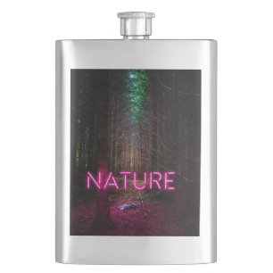 Mysterious spruce forest nature neon magenta sign flask