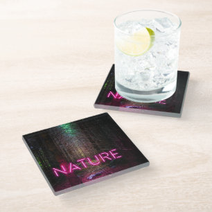 Mysterious spruce forest nature neon magenta sign glass coaster