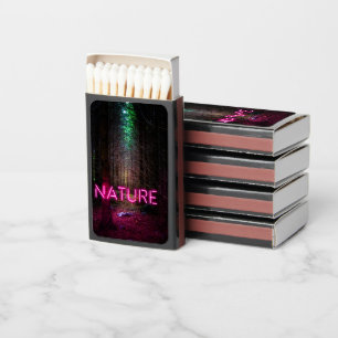 Mysterious spruce forest nature neon magenta sign matchboxes