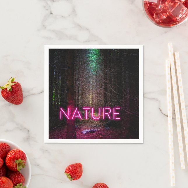 Mysterious spruce forest nature neon magenta sign napkins (Insitu)