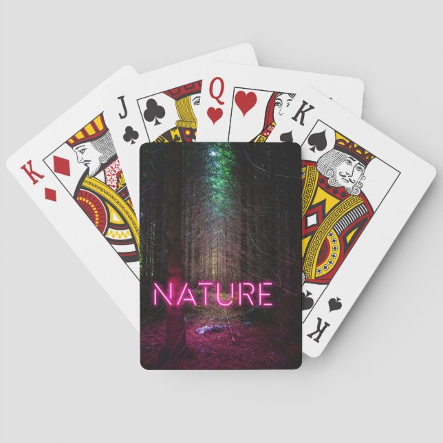 Mysterious spruce forest nature neon magenta sign poker cards (Back)