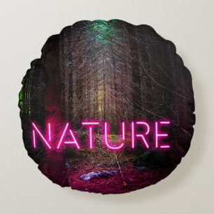 Mysterious spruce forest nature neon magenta sign round pillow
