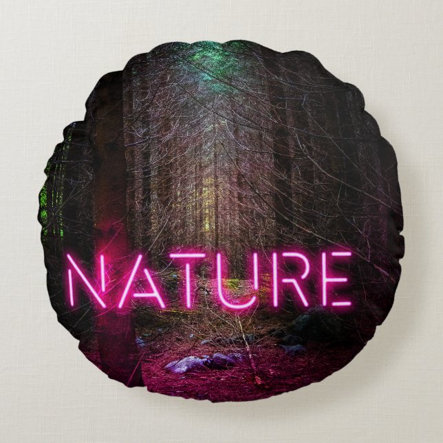 Mysterious spruce forest nature neon magenta sign round pillow (Front)