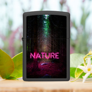 Mysterious spruce forest nature neon magenta sign zippo lighter