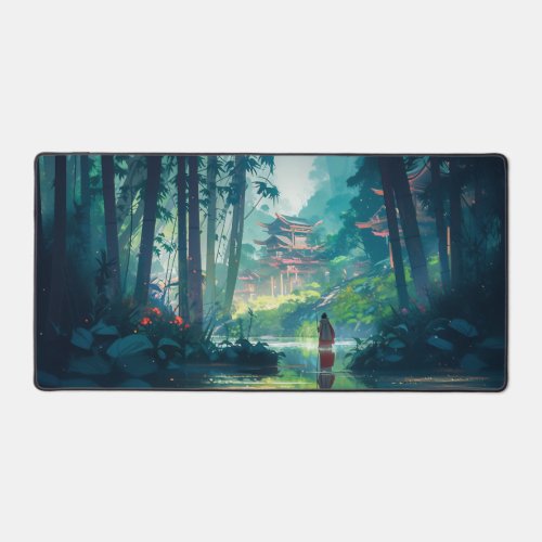Mysterious Temple in Chinese Bamboo Forest Desk Mat