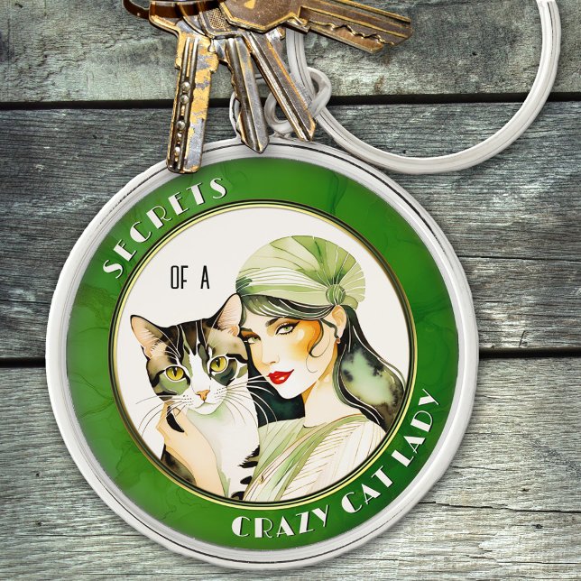 Mysterious Watercolor Crazy Cat Lady Keychain (Keychain featuring a watercolor painting in art deco Gatsby style of a mysterious lady with her cat )