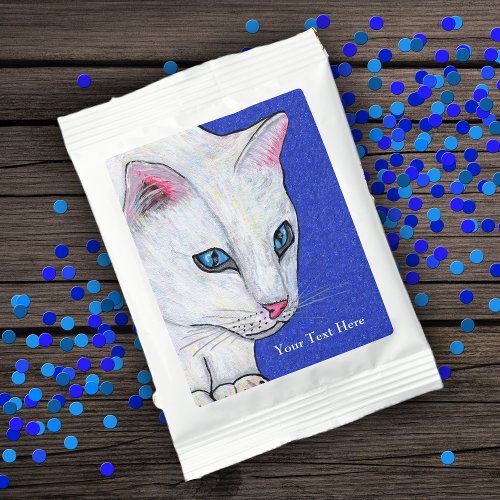 Mysterious White Cat Bright Blue Eyes on dark Blue Hot Chocolate Drink Mix