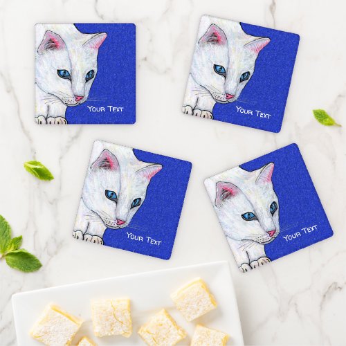 Mysterious White Cat Light blue Eyes on Blue Coaster Set