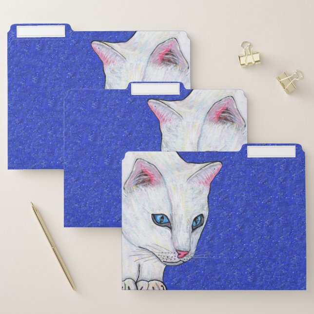 Mysterious White Cat Pale Blue Eyes Sparkle Blue File Folder (Set)