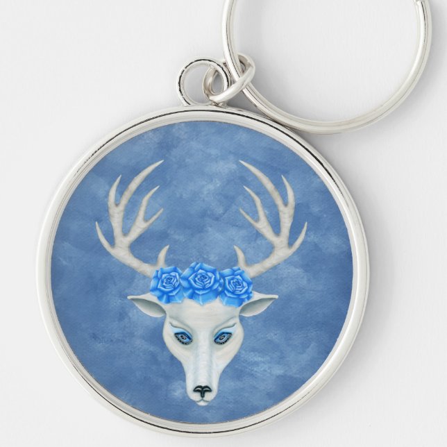 Mysterious White Deer Head Antlers Blue Roses  Keychain (Front)