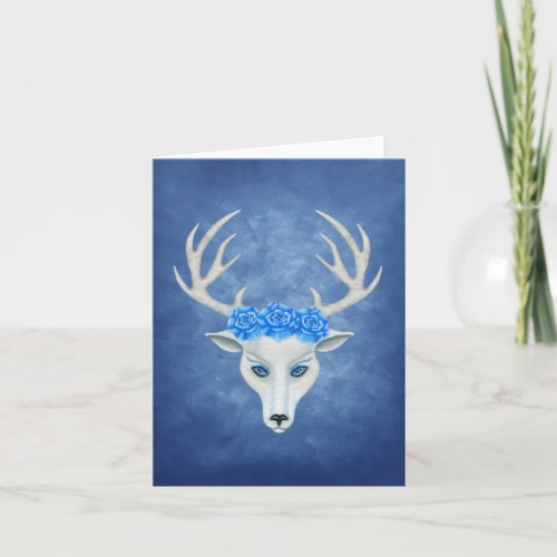 Mysterious White Deer Head Blue Eyes Antler Roses Card