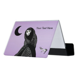 Mysterious Witch Woman Hooded Ornate Dress Moon Desk Business Card Holder
