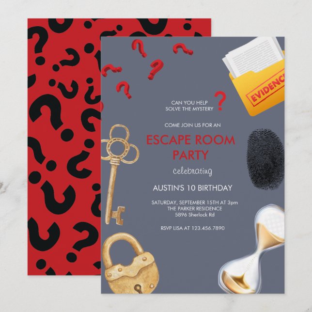 Mystery  | Adventure Party | Escape Room Birthday Invitation (Front/Back)