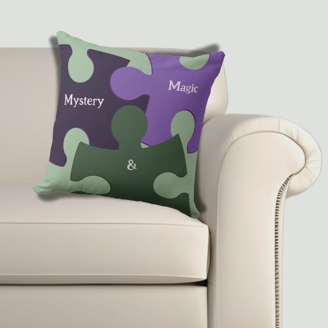 Mystery & Magic Green & Purple Jig Saw Puzzle Throw Pillow (Mystery & Magic Green & Purple Jig Saw Puzzle Throw Pillow)