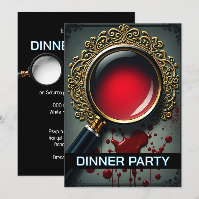 Mystery magnifying glass clues dinner party invitation (Front/Back)