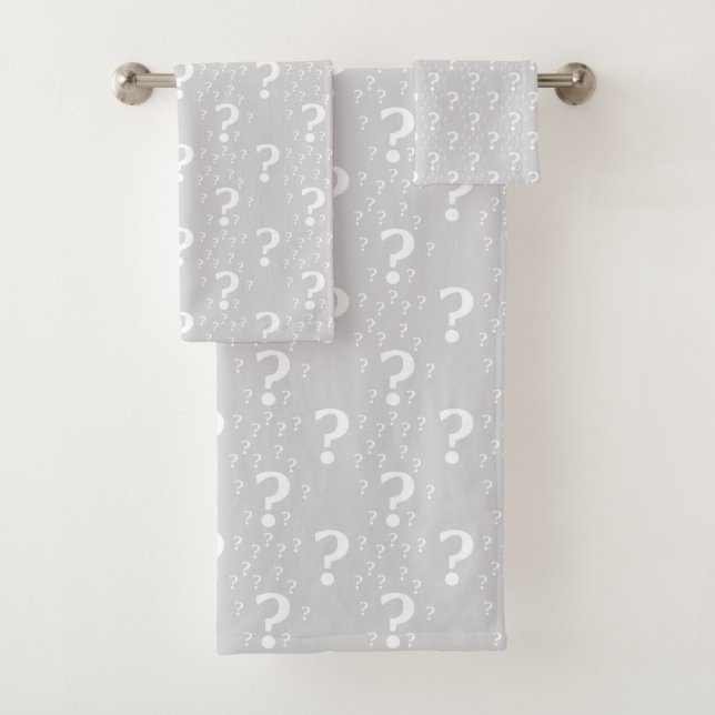 Mystery question mark riddle puzzle light gray bath towel set (Insitu)