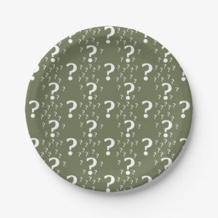 Mystery question mark riddle puzzle olive green paper plates