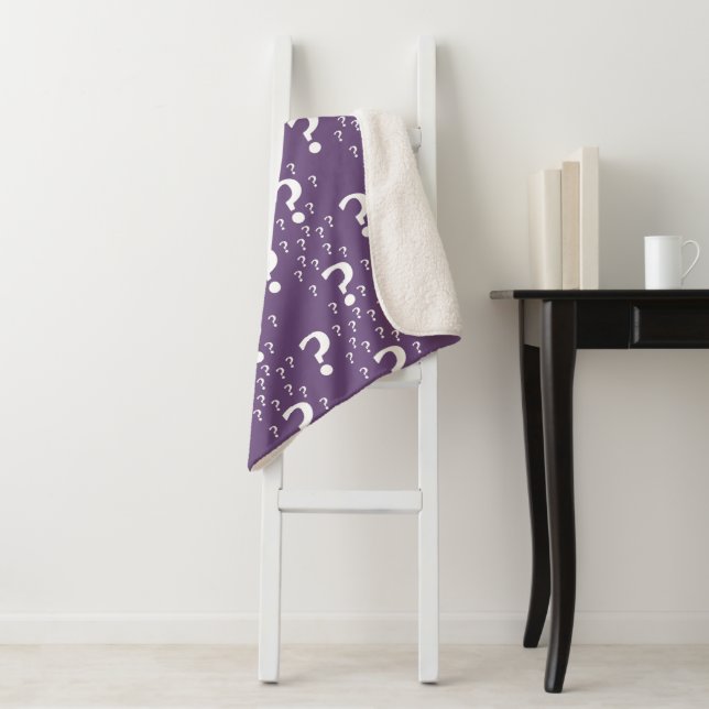 Mystery question mark riddle puzzle purple sherpa blanket (In Situ)