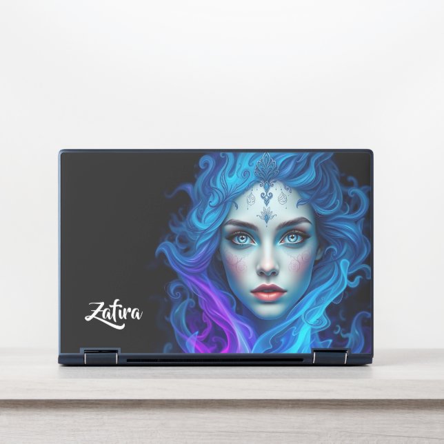 Mystery Woman Emerging from Blue & Purple Flames HP Laptop Skin (Front)