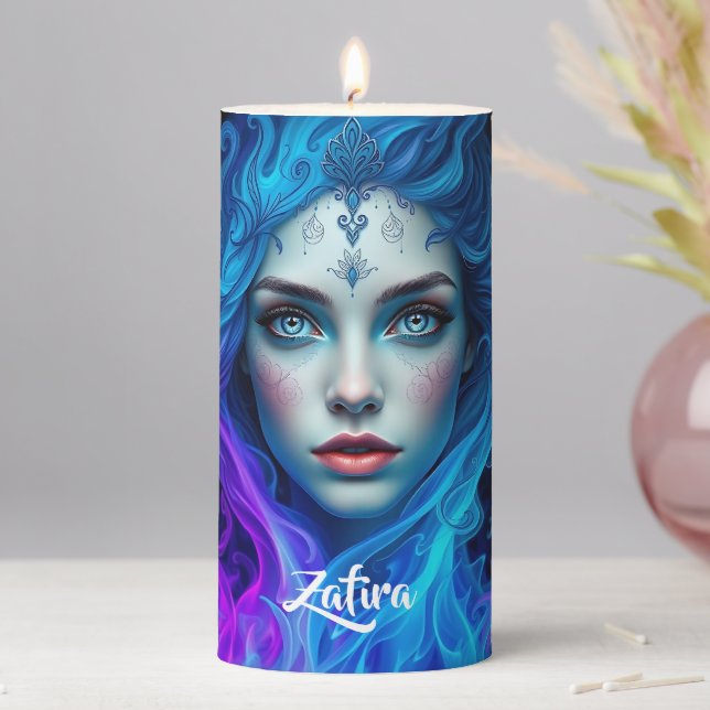 Mystery Woman Emerging from Blue & Purple Flames Pillar Candle (In Situ)