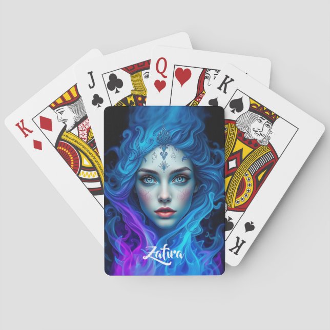 Mystery Woman Emerging from Blue & Purple Flames Poker Cards (Back)