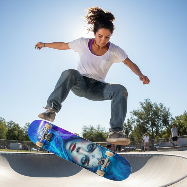 Mystery Woman Emerging from Blue & Purple Flames Skateboard (Mystery Woman Emerging from Blue and Purple Flames Skateboard Cover Photo)