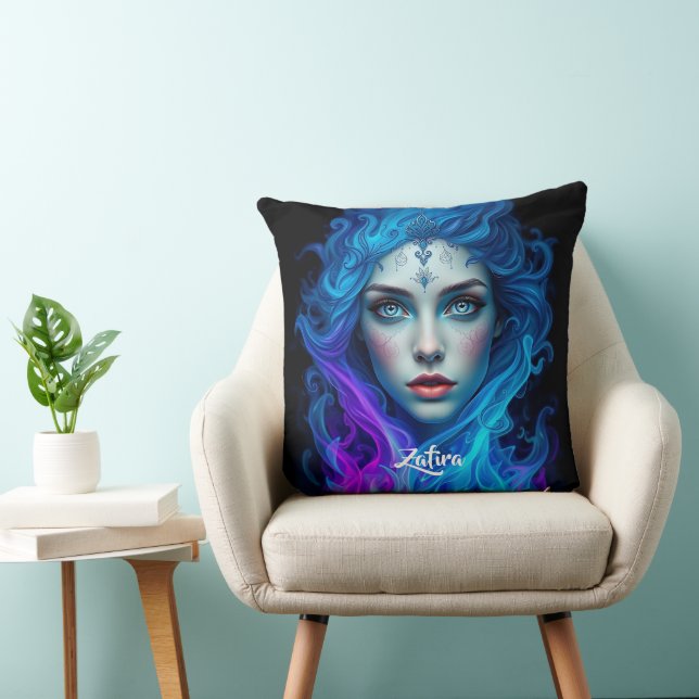 Mystery Woman Emerging from Blue & Purple Flames Throw Pillow (Chair)