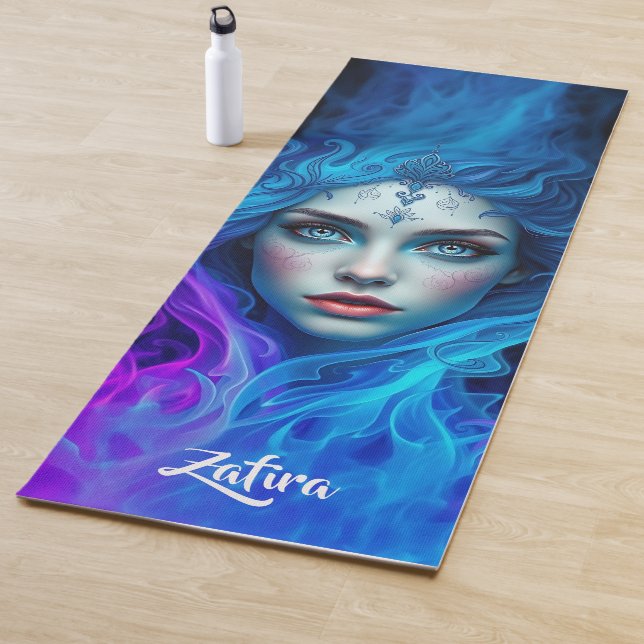 Mystery Woman Emerging from Blue & Purple Flames Yoga Mat (In Situ)