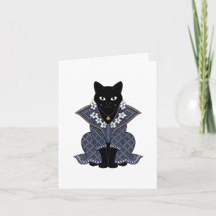Mystic Black Cat Blue Batik Greeting Card