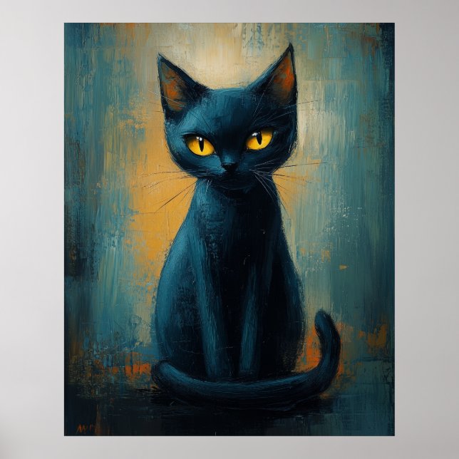 Mystic Black Cat in Teal Shadows Poster (Front)