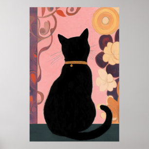 Mystic Black Cat on Pink Abstract Background Poster