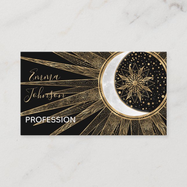 Mystic Black Gold Sun Moon Mandala Business Card (Front)