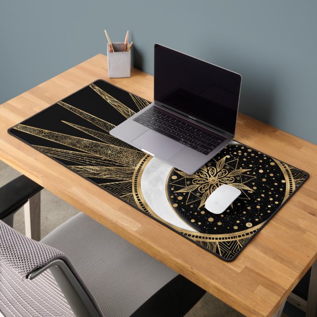 Mystic Black Gold Sun Moon Mandala Desk Mat (Office 2)