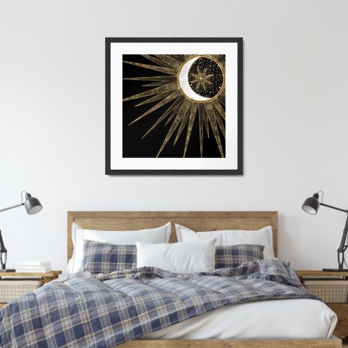 Mystic Black Gold Sun Moon Mandala  Framed Art