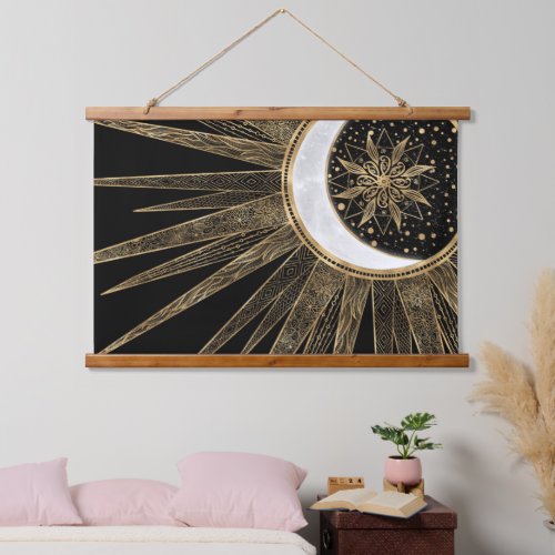 Mystic Black Gold Sun Moon Mandala Hanging Tapestry