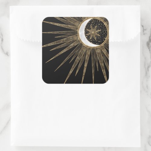 Mystic Black Gold Sun Moon Mandala Square Sticker