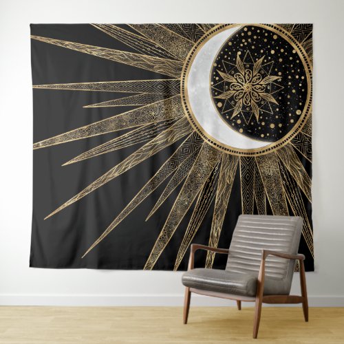 Mystic Black Gold Sun Moon Mandala Tapestry