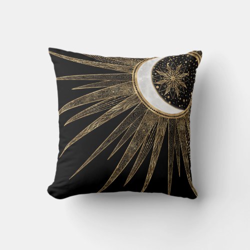 Mystic Black Gold Sun Moon Mandala Throw Pillow